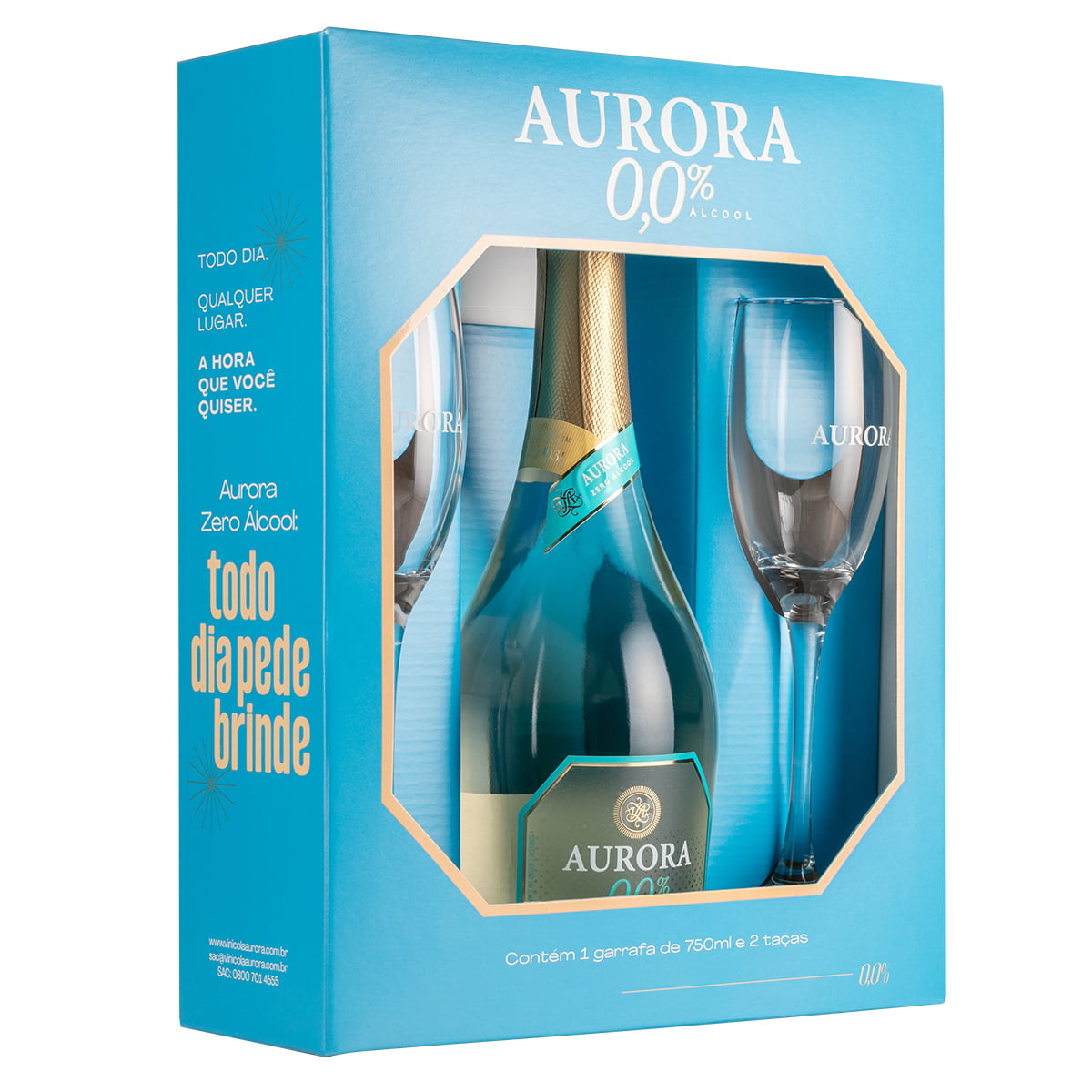 kit Espumante Aurora Zero Álcool Branco 750ml C/2 Taças