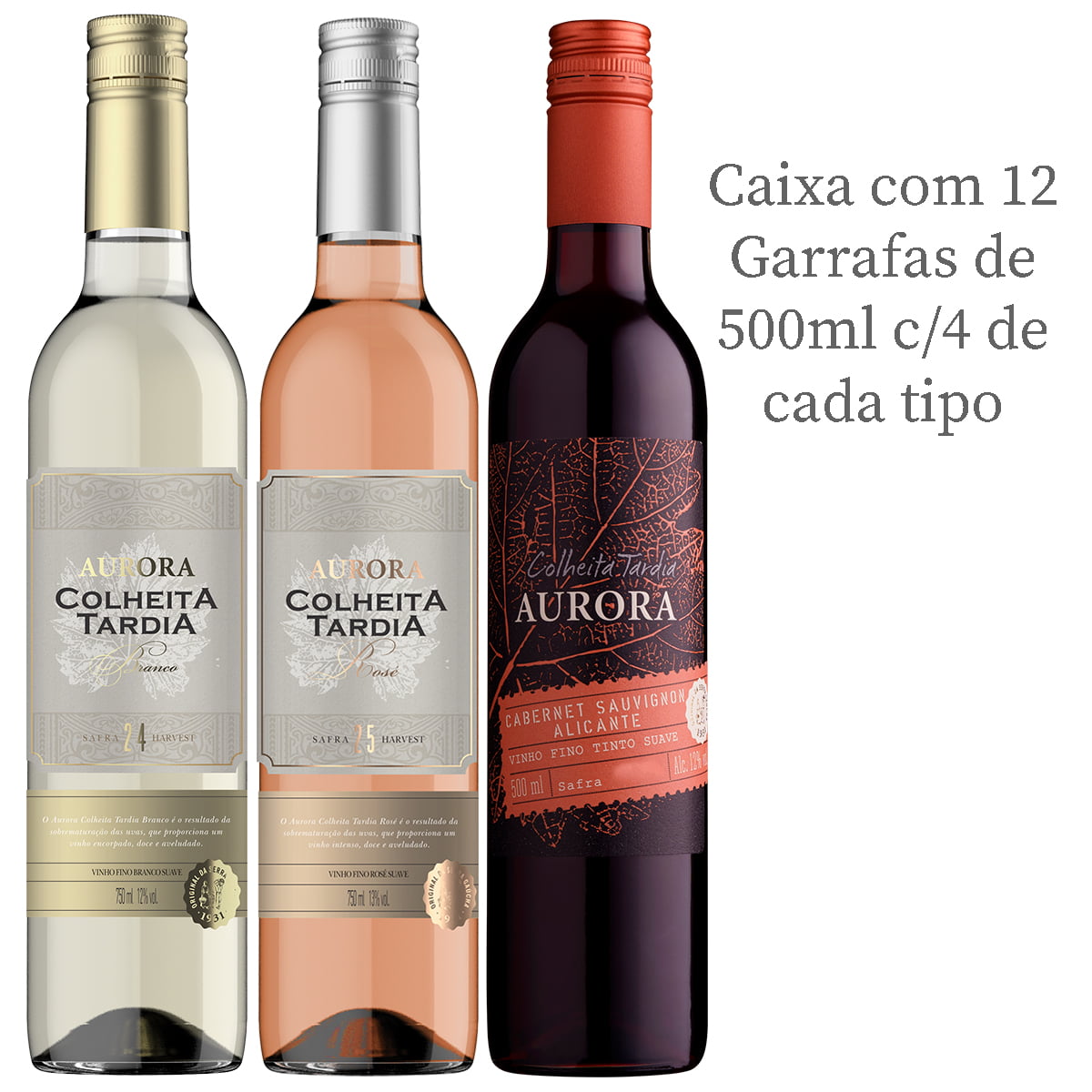 Kit Vinhos Aurora Colheita Tardia Branco/Tinto/Rosé Suave 500ml C/4 de cada